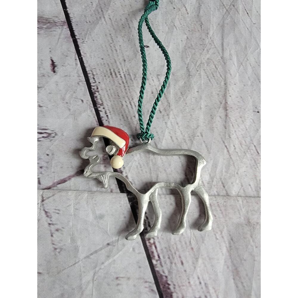 Pewter Christmas Moose W/Santa Hat Ornament DAK Stamped